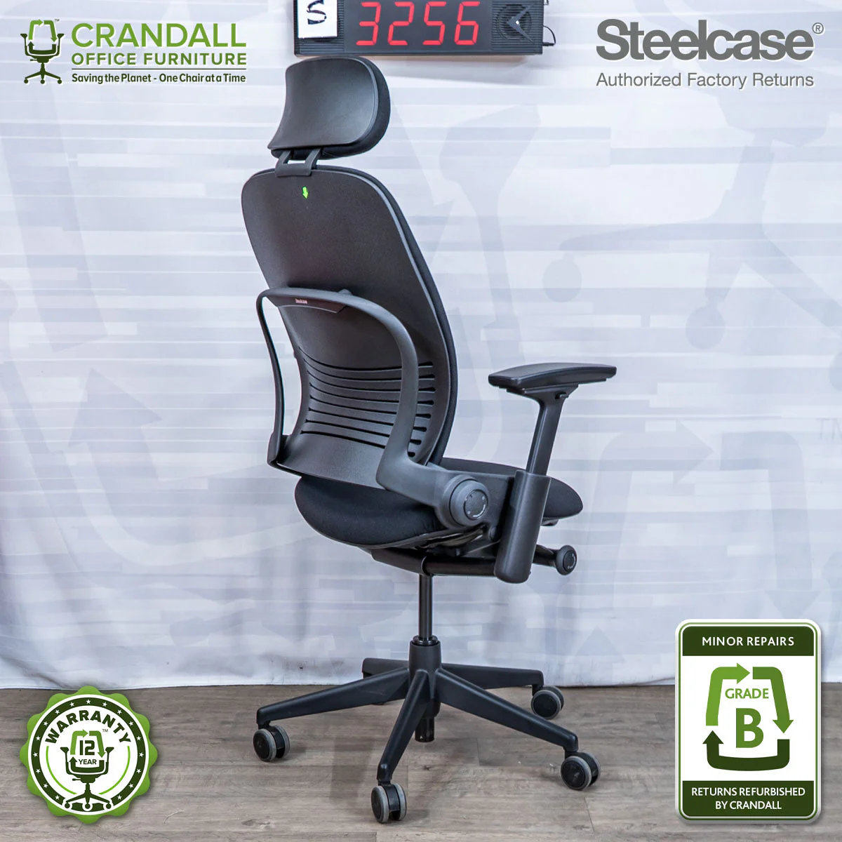 S-3256 - Steelcase V2 Leap with Headrest - Grade B - Image 2